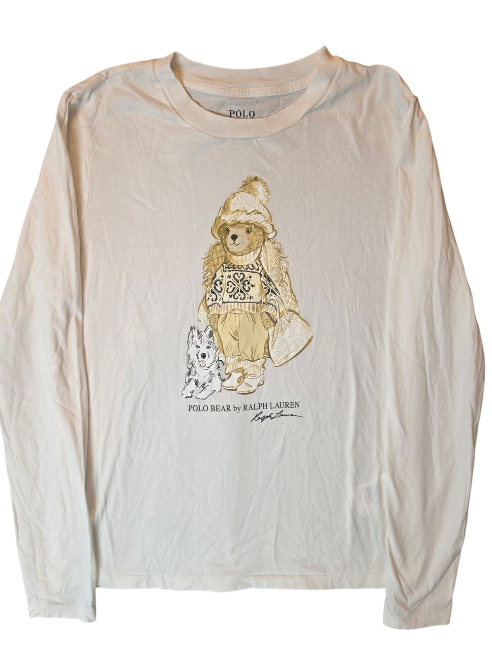 Polo Ralph Lauren Womans XS White Long Sleeve Polo Bear Husky Dog Graphic Tee